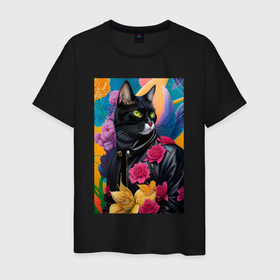 Мужская футболка хлопок с принтом Fashionable black cat among flowers в Курске, 100% хлопок | прямой крой, круглый вырез горловины, длина до линии бедер, слегка спущенное плечо. | 