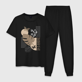 Мужская пижама хлопок с принтом Листья и бабочки в бежевых тонах в Белгороде, 100% хлопок | брюки и футболка прямого кроя, без карманов, на брюках мягкая резинка на поясе и по низу штанин
 | 