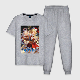 Мужская пижама хлопок с принтом Lumine and Paimon christmas , 100% хлопок | брюки и футболка прямого кроя, без карманов, на брюках мягкая резинка на поясе и по низу штанин
 | Тематика изображения на принте: 
