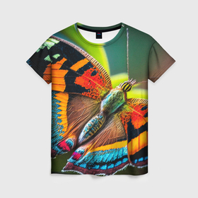 Женская футболка 3D с принтом Текстура многоцветной бабочки в Кировске, 100% полиэфир ( синтетическое хлопкоподобное полотно) | прямой крой, круглый вырез горловины, длина до линии бедер | 