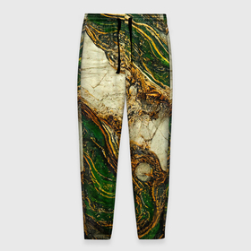 Мужские брюки 3D с принтом Текстура зелёного мрамора с золотыми прожилками. в Кировске, 100% полиэстер | манжеты по низу, эластичный пояс регулируется шнурком, по бокам два кармана без застежек, внутренняя часть кармана из мелкой сетки | 