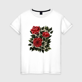 Женская футболка хлопок с принтом Букет из трех роз с листьями в Кировске, 100% хлопок | прямой крой, круглый вырез горловины, длина до линии бедер, слегка спущенное плечо | 