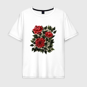 Мужская футболка хлопок Oversize с принтом Букет из трех роз с листьями в Белгороде, 100% хлопок | свободный крой, круглый ворот, “спинка” длиннее передней части | Тематика изображения на принте: 