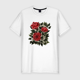 Мужская футболка хлопок Slim с принтом Букет из трех роз с листьями в Кировске, 92% хлопок, 8% лайкра | приталенный силуэт, круглый вырез ворота, длина до линии бедра, короткий рукав | 