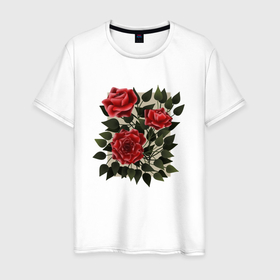 Мужская футболка хлопок с принтом Букет из трех роз с листьями в Белгороде, 100% хлопок | прямой крой, круглый вырез горловины, длина до линии бедер, слегка спущенное плечо. | Тематика изображения на принте: 