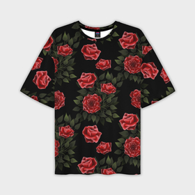 Мужская футболка oversize 3D с принтом Красные розы на черном   паттерн в Тюмени,  |  | 