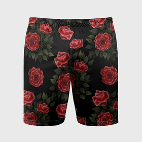 Мужские шорты спортивные с принтом Красные розы на черном   паттерн в Курске,  |  | Тематика изображения на принте: 