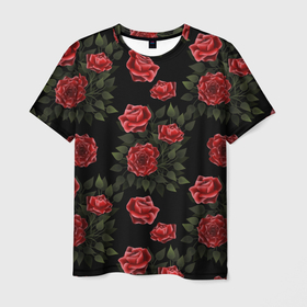 Мужская футболка 3D с принтом Красные розы на черном   паттерн в Кировске, 100% полиэфир | прямой крой, круглый вырез горловины, длина до линии бедер | Тематика изображения на принте: 
