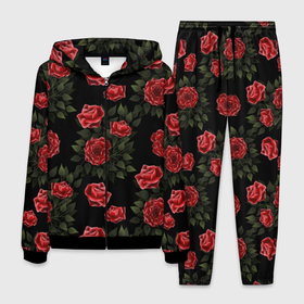 Мужской костюм 3D с принтом Красные розы на черном   паттерн в Кировске, 100% полиэстер | Манжеты и пояс оформлены тканевой резинкой, двухслойный капюшон со шнурком для регулировки, карманы спереди | 