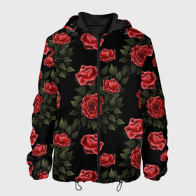Мужская куртка 3D с принтом Красные розы на черном   паттерн в Екатеринбурге, ткань верха — 100% полиэстер, подклад — флис | прямой крой, подол и капюшон оформлены резинкой с фиксаторами, два кармана без застежек по бокам, один большой потайной карман на груди. Карман на груди застегивается на липучку | 