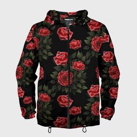 Мужская ветровка 3D с принтом Красные розы на черном   паттерн в Курске, 100% полиэстер | подол и капюшон оформлены резинкой с фиксаторами, два кармана без застежек по бокам, один потайной карман на груди | Тематика изображения на принте: 
