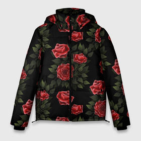 Мужская зимняя куртка 3D с принтом Красные розы на черном   паттерн в Курске, верх — 100% полиэстер; подкладка — 100% полиэстер; утеплитель — 100% полиэстер | длина ниже бедра, свободный силуэт Оверсайз. Есть воротник-стойка, отстегивающийся капюшон и ветрозащитная планка. 

Боковые карманы с листочкой на кнопках и внутренний карман на молнии. | Тематика изображения на принте: 