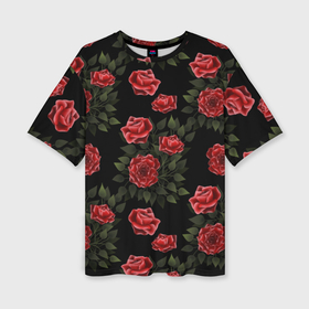 Женская футболка oversize 3D с принтом Красные розы на черном   паттерн в Кировске,  |  | Тематика изображения на принте: 