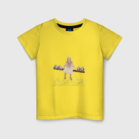 Детская футболка хлопок с принтом Птички с девочкой сидящие , 100% хлопок | круглый вырез горловины, полуприлегающий силуэт, длина до линии бедер | 