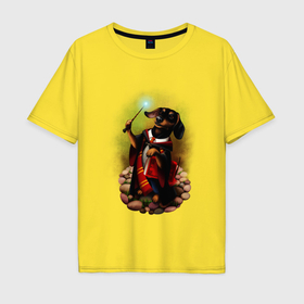 Мужская футболка хлопок Oversize с принтом Такса Волшебник колдует в Тюмени, 100% хлопок | свободный крой, круглый ворот, “спинка” длиннее передней части | 