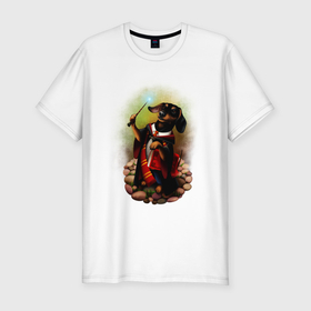 Мужская футболка хлопок Slim с принтом Такса Волшебник колдует в Тюмени, 92% хлопок, 8% лайкра | приталенный силуэт, круглый вырез ворота, длина до линии бедра, короткий рукав | 