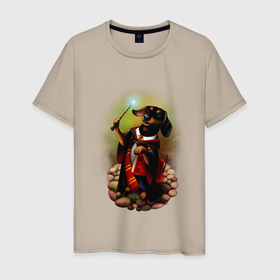 Мужская футболка хлопок с принтом Такса Волшебник колдует в Тюмени, 100% хлопок | прямой крой, круглый вырез горловины, длина до линии бедер, слегка спущенное плечо. | 