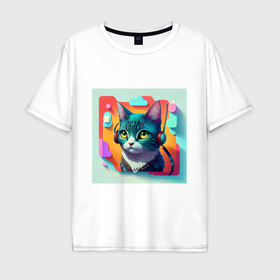 Мужская футболка хлопок Oversize с принтом cat and music в Санкт-Петербурге, 100% хлопок | свободный крой, круглый ворот, “спинка” длиннее передней части | Тематика изображения на принте: 
