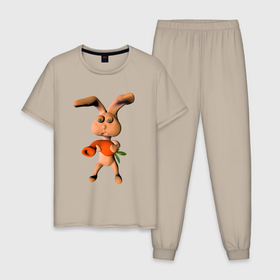 Мужская пижама хлопок с принтом Кролик с веселой морковкой в Новосибирске, 100% хлопок | брюки и футболка прямого кроя, без карманов, на брюках мягкая резинка на поясе и по низу штанин
 | Тематика изображения на принте: 