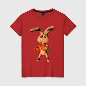 Женская футболка хлопок с принтом Кролик с веселой морковкой в Курске, 100% хлопок | прямой крой, круглый вырез горловины, длина до линии бедер, слегка спущенное плечо | 