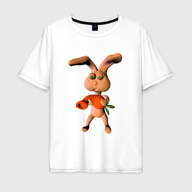 Мужская футболка хлопок Oversize с принтом Кролик с веселой морковкой в Новосибирске, 100% хлопок | свободный крой, круглый ворот, “спинка” длиннее передней части | 