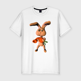Мужская футболка хлопок Slim с принтом Кролик с веселой морковкой в Новосибирске, 92% хлопок, 8% лайкра | приталенный силуэт, круглый вырез ворота, длина до линии бедра, короткий рукав | Тематика изображения на принте: 