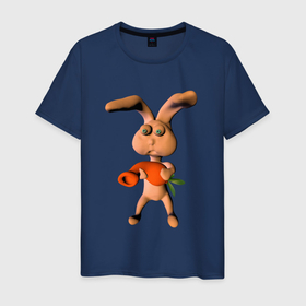 Мужская футболка хлопок с принтом Кролик с веселой морковкой в Тюмени, 100% хлопок | прямой крой, круглый вырез горловины, длина до линии бедер, слегка спущенное плечо. | Тематика изображения на принте: 