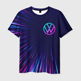 Мужская футболка 3D с принтом Volkswagen neon speed lines в Кировске, 100% полиэфир | прямой крой, круглый вырез горловины, длина до линии бедер | Тематика изображения на принте: 