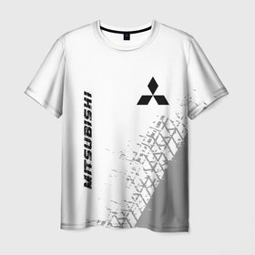 Мужская футболка 3D с принтом Mitsubishi speed на светлом фоне со следами шин: надпись, символ в Санкт-Петербурге, 100% полиэфир | прямой крой, круглый вырез горловины, длина до линии бедер | Тематика изображения на принте: 