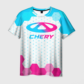 Мужская футболка 3D с принтом Chery neon gradient style в Кировске, 100% полиэфир | прямой крой, круглый вырез горловины, длина до линии бедер | Тематика изображения на принте: 