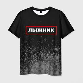 Мужская футболка 3D с принтом Лыжник   в рамке красного цвета в Екатеринбурге, 100% полиэфир | прямой крой, круглый вырез горловины, длина до линии бедер | 