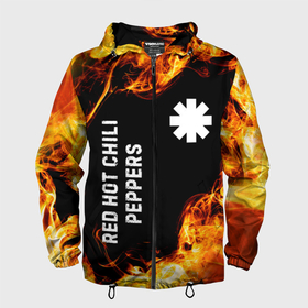 Мужская ветровка 3D с принтом Red Hot Chili Peppers и пылающий огонь в Белгороде, 100% полиэстер | подол и капюшон оформлены резинкой с фиксаторами, два кармана без застежек по бокам, один потайной карман на груди | 
