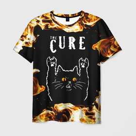 Мужская футболка 3D с принтом The Cure рок кот и огонь в Петрозаводске, 100% полиэфир | прямой крой, круглый вырез горловины, длина до линии бедер | Тематика изображения на принте: 