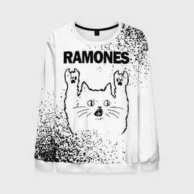 Мужской свитшот 3D с принтом Ramones рок кот на светлом фоне , 100% полиэстер с мягким внутренним слоем | круглый вырез горловины, мягкая резинка на манжетах и поясе, свободная посадка по фигуре | 