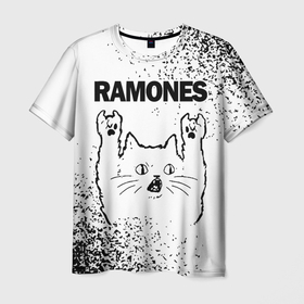 Мужская футболка 3D с принтом Ramones рок кот на светлом фоне , 100% полиэфир | прямой крой, круглый вырез горловины, длина до линии бедер | 