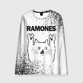 Мужской лонгслив 3D с принтом Ramones рок кот на светлом фоне в Кировске, 100% полиэстер | длинные рукава, круглый вырез горловины, полуприлегающий силуэт | 