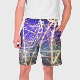 Мужские шорты 3D с принтом Неоновые огни ночью в Новосибирске,  полиэстер 100% | прямой крой, два кармана без застежек по бокам. Мягкая трикотажная резинка на поясе, внутри которой широкие завязки. Длина чуть выше колен | 