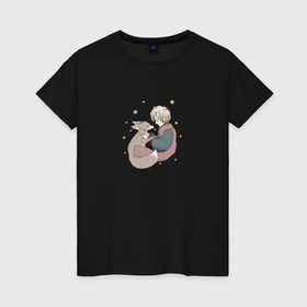 Женская футболка хлопок с принтом Маленький принц и лисенок в Санкт-Петербурге, 100% хлопок | прямой крой, круглый вырез горловины, длина до линии бедер, слегка спущенное плечо | 