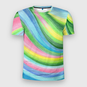 Мужская футболка 3D Slim с принтом Абстрактная графика по летним мотивам в Тюмени, 100% полиэстер с улучшенными характеристиками | приталенный силуэт, круглая горловина, широкие плечи, сужается к линии бедра | Тематика изображения на принте: 