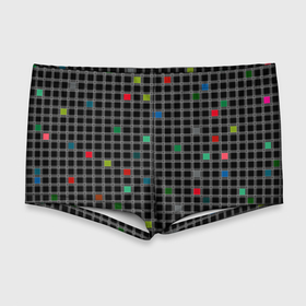 Мужские купальные плавки 3D с принтом Разноцветный геометрический узор в клетку на черном фоне в Санкт-Петербурге, Полиэстер 85%, Спандекс 15% |  | Тематика изображения на принте: 