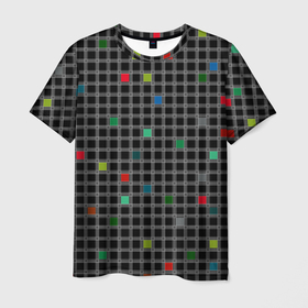 Мужская футболка 3D с принтом Разноцветный геометрический узор в клетку на черном фоне в Екатеринбурге, 100% полиэфир | прямой крой, круглый вырез горловины, длина до линии бедер | 