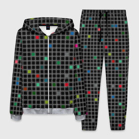 Мужской костюм 3D с принтом Разноцветный геометрический узор в клетку на черном фоне , 100% полиэстер | Манжеты и пояс оформлены тканевой резинкой, двухслойный капюшон со шнурком для регулировки, карманы спереди | 