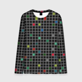 Мужской лонгслив 3D с принтом Разноцветный геометрический узор в клетку на черном фоне в Екатеринбурге, 100% полиэстер | длинные рукава, круглый вырез горловины, полуприлегающий силуэт | 