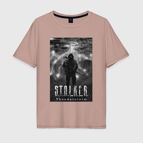 Мужская футболка хлопок Oversize с принтом Stalker thunderstorm в Петрозаводске, 100% хлопок | свободный крой, круглый ворот, “спинка” длиннее передней части | 