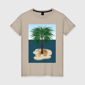 Женская футболка хлопок с принтом Кот под пальмой на острове в Петрозаводске, 100% хлопок | прямой крой, круглый вырез горловины, длина до линии бедер, слегка спущенное плечо | 
