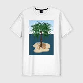 Мужская футболка хлопок Slim с принтом Кот под пальмой на острове в Белгороде, 92% хлопок, 8% лайкра | приталенный силуэт, круглый вырез ворота, длина до линии бедра, короткий рукав | 