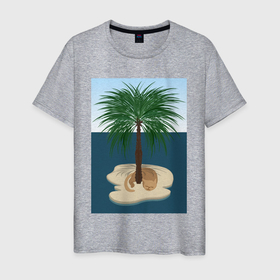 Мужская футболка хлопок с принтом Кот под пальмой на острове в Кировске, 100% хлопок | прямой крой, круглый вырез горловины, длина до линии бедер, слегка спущенное плечо. | 