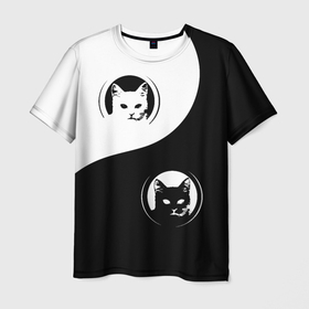 Мужская футболка 3D с принтом 2 кота в инь янь в Кировске, 100% полиэфир | прямой крой, круглый вырез горловины, длина до линии бедер | Тематика изображения на принте: 