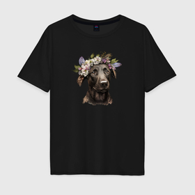 Мужская футболка хлопок Oversize с принтом Весна в душе: собака беспородная в Кировске, 100% хлопок | свободный крой, круглый ворот, “спинка” длиннее передней части | Тематика изображения на принте: 