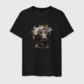 Мужская футболка хлопок с принтом Весна в душе: собака беспородная в Кировске, 100% хлопок | прямой крой, круглый вырез горловины, длина до линии бедер, слегка спущенное плечо. | Тематика изображения на принте: 